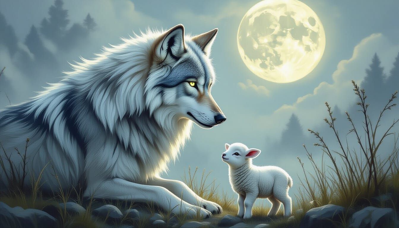 Wise Wolf Guards Lamb in Ethereal Oil Painting