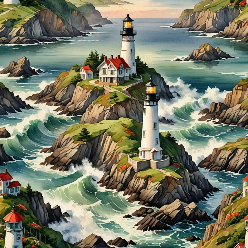 Lighthouse Overlooking Ocean in Romantic Watercolor Style