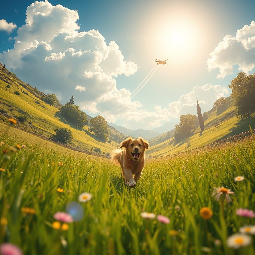 Golden Retriever Runs Free in Vibrant Country Valley