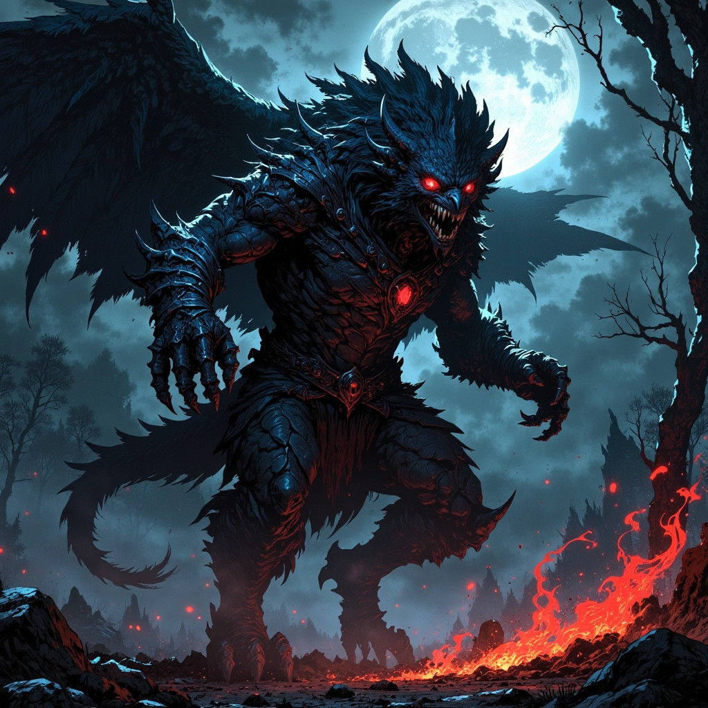 Monstrous Cat-Rooster Hybrid in Mystical Forest