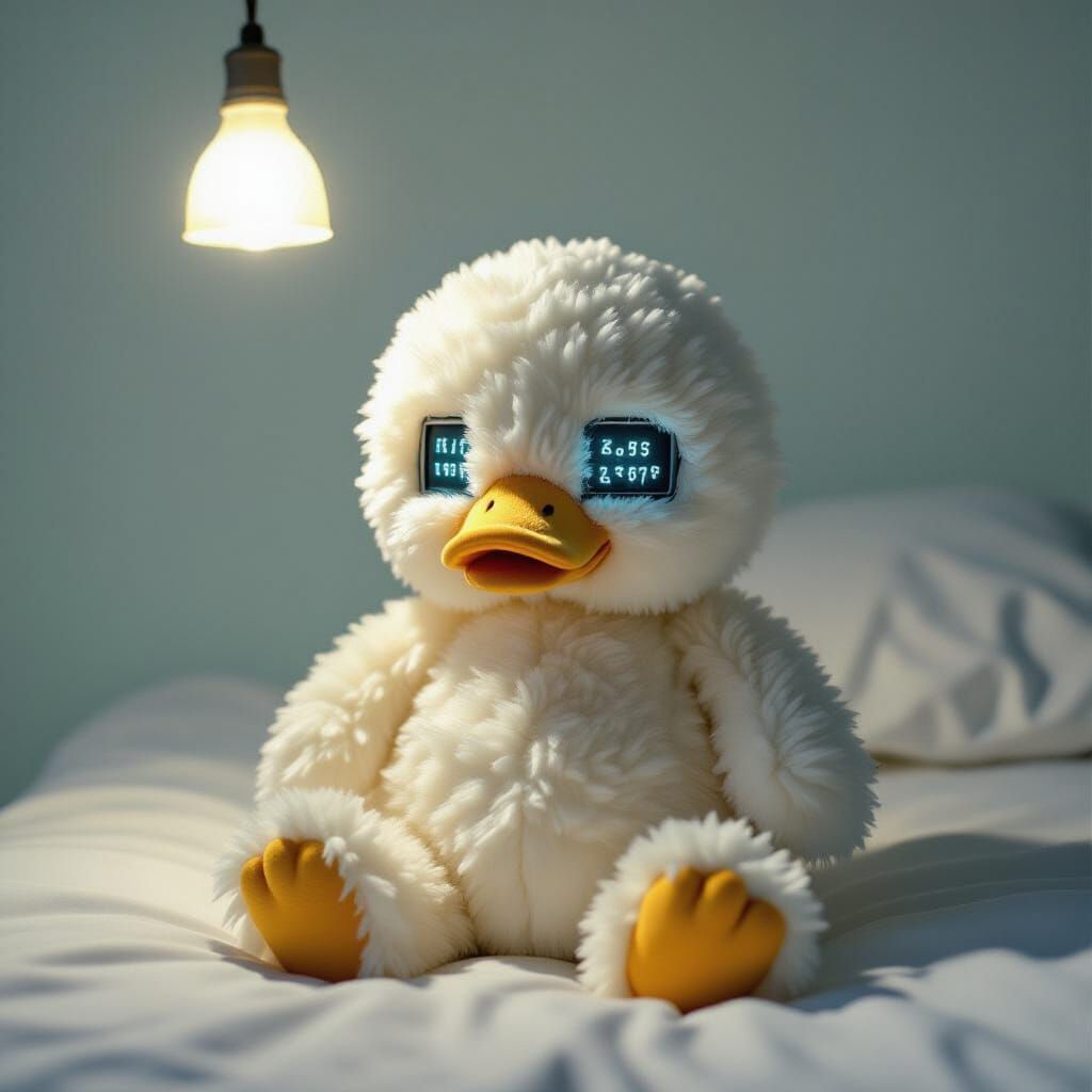 Eerie Stuffed Duck with Computer Screen Eyes