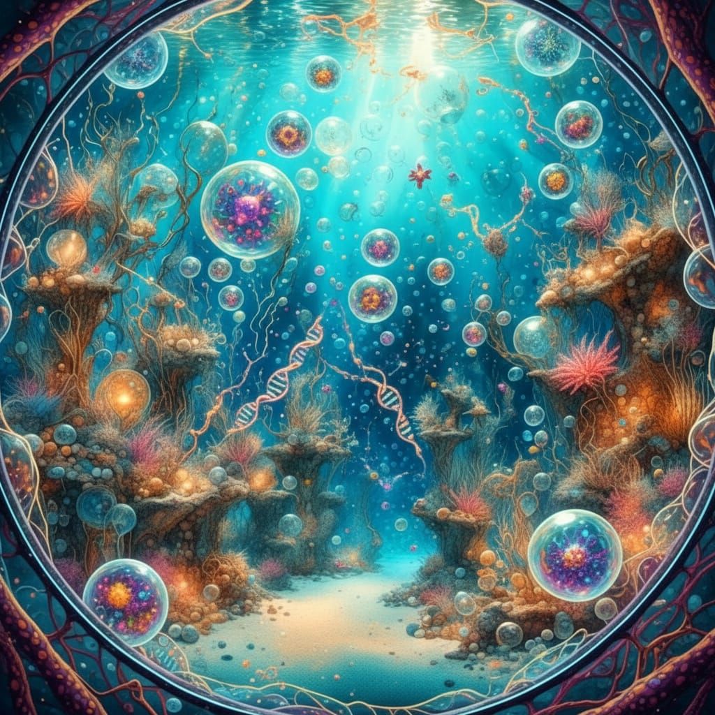 Glowing Underwater Beach Fantasy Scene with Bubbles