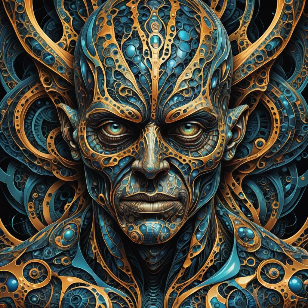 Escher-Inspired Futuristic Alien with Intricate Fractal Patt...