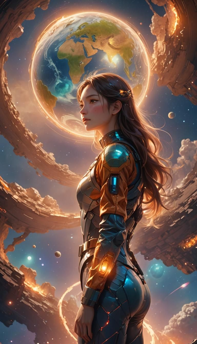 Woman Embracing Earth in Space, 3D Anime Art
