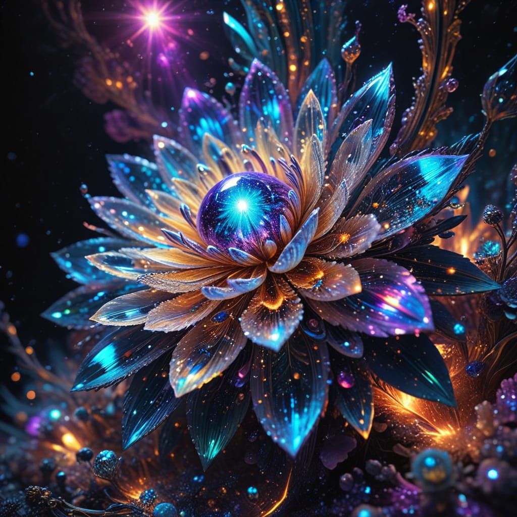 Crystal Beings Form a Vibrant, Iridescent Flower in Cosmic I...