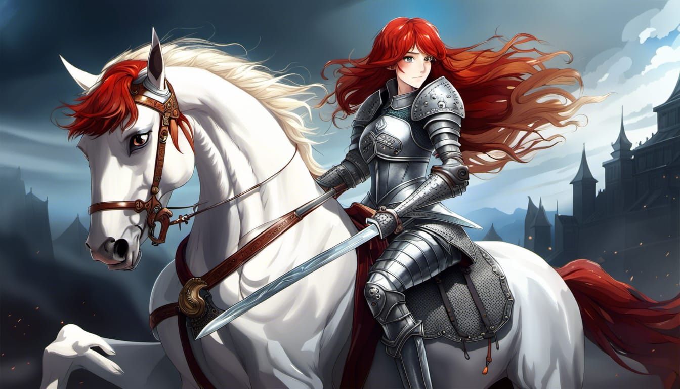 Anime Red-Haired Knight Riding a White Horse