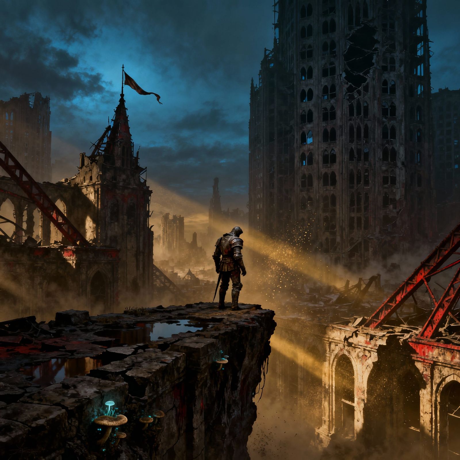 Knight Overlooking Desolate Cityscape in Dark Fantasy Style