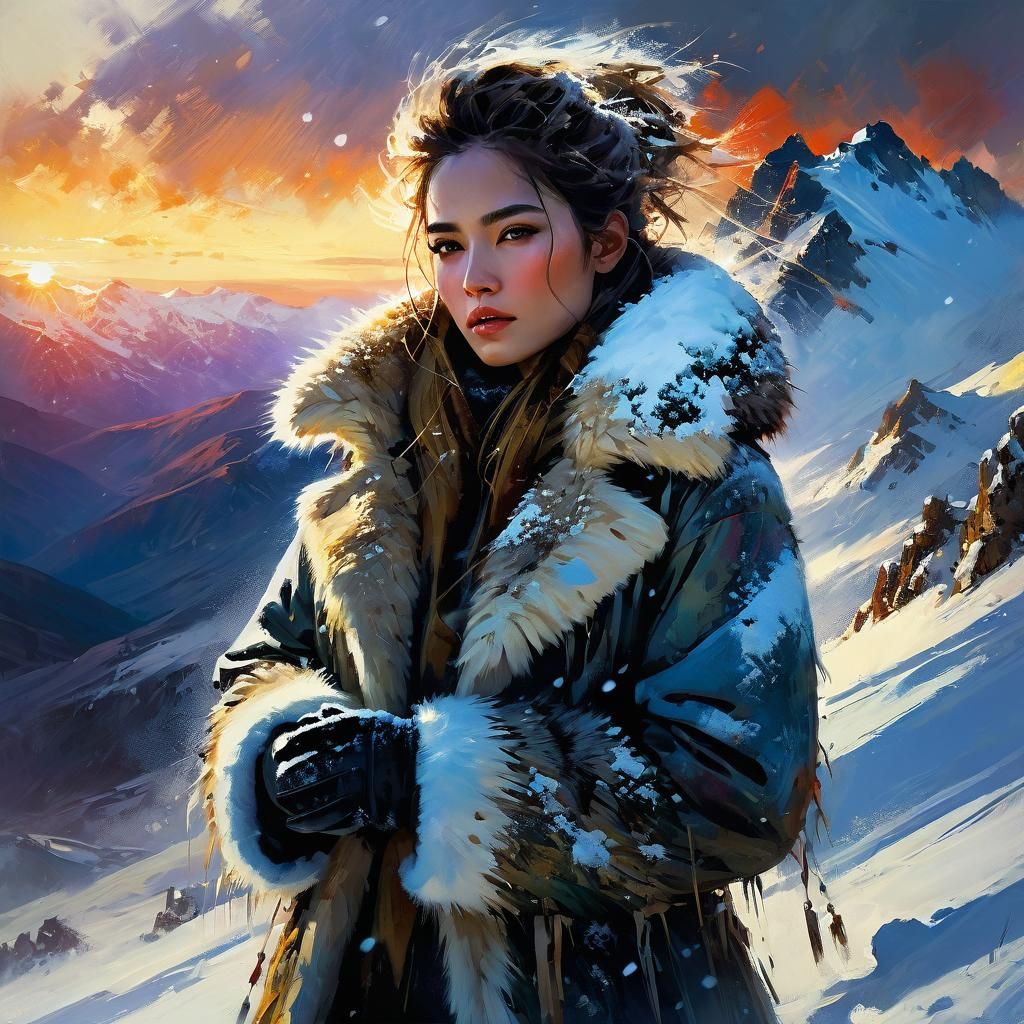 Woman in Blizzard: Matte Painting Sunset