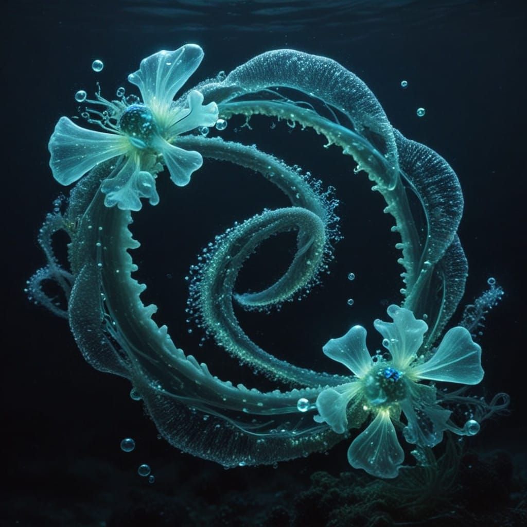 Bioluminescent creature tangling seaweed bubbles