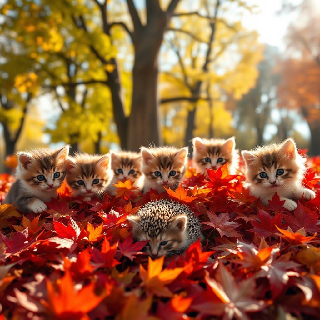 Six Adorable Kittens Play in Autumn Leaves