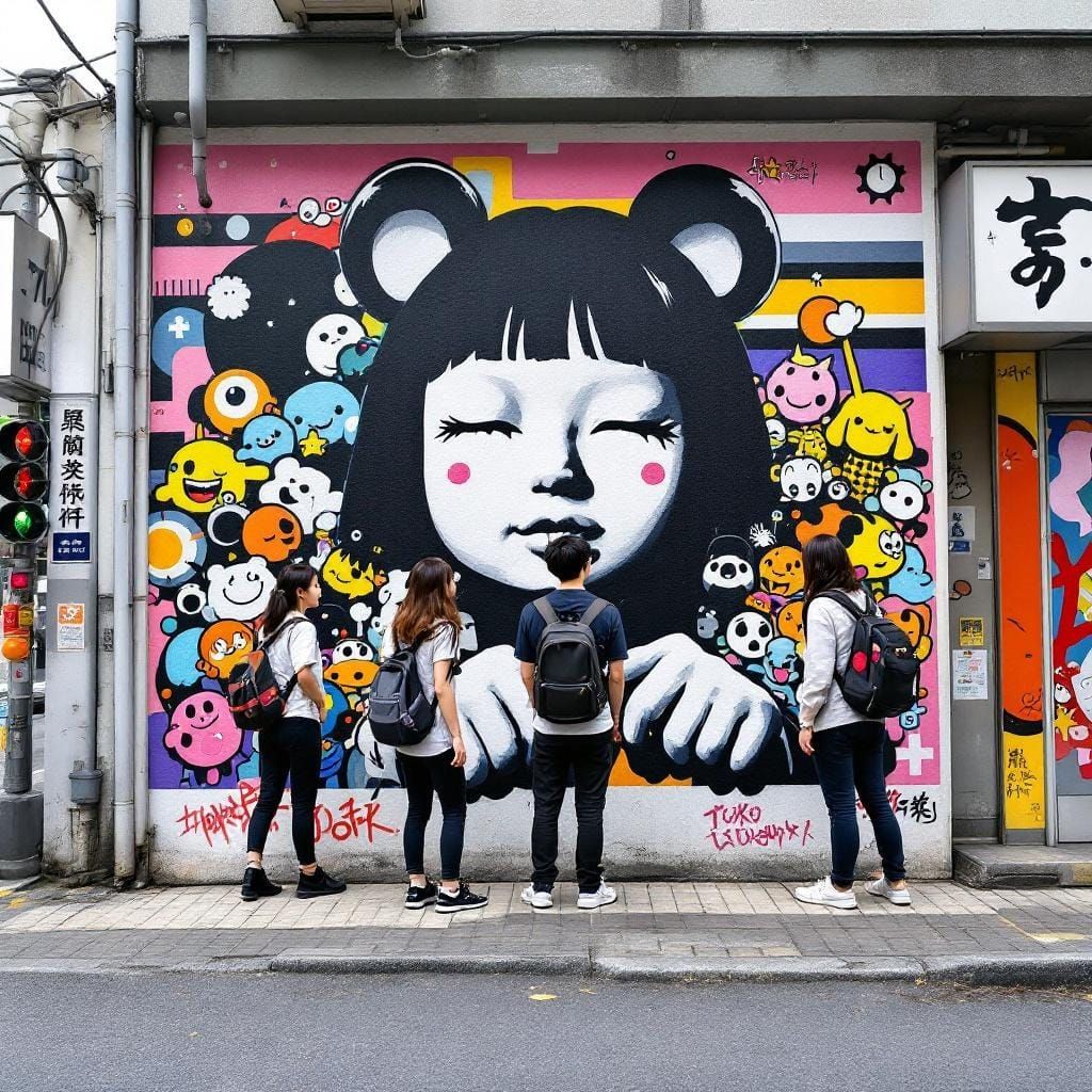 Banksy-Style Mural in Tokyo with Anime Students