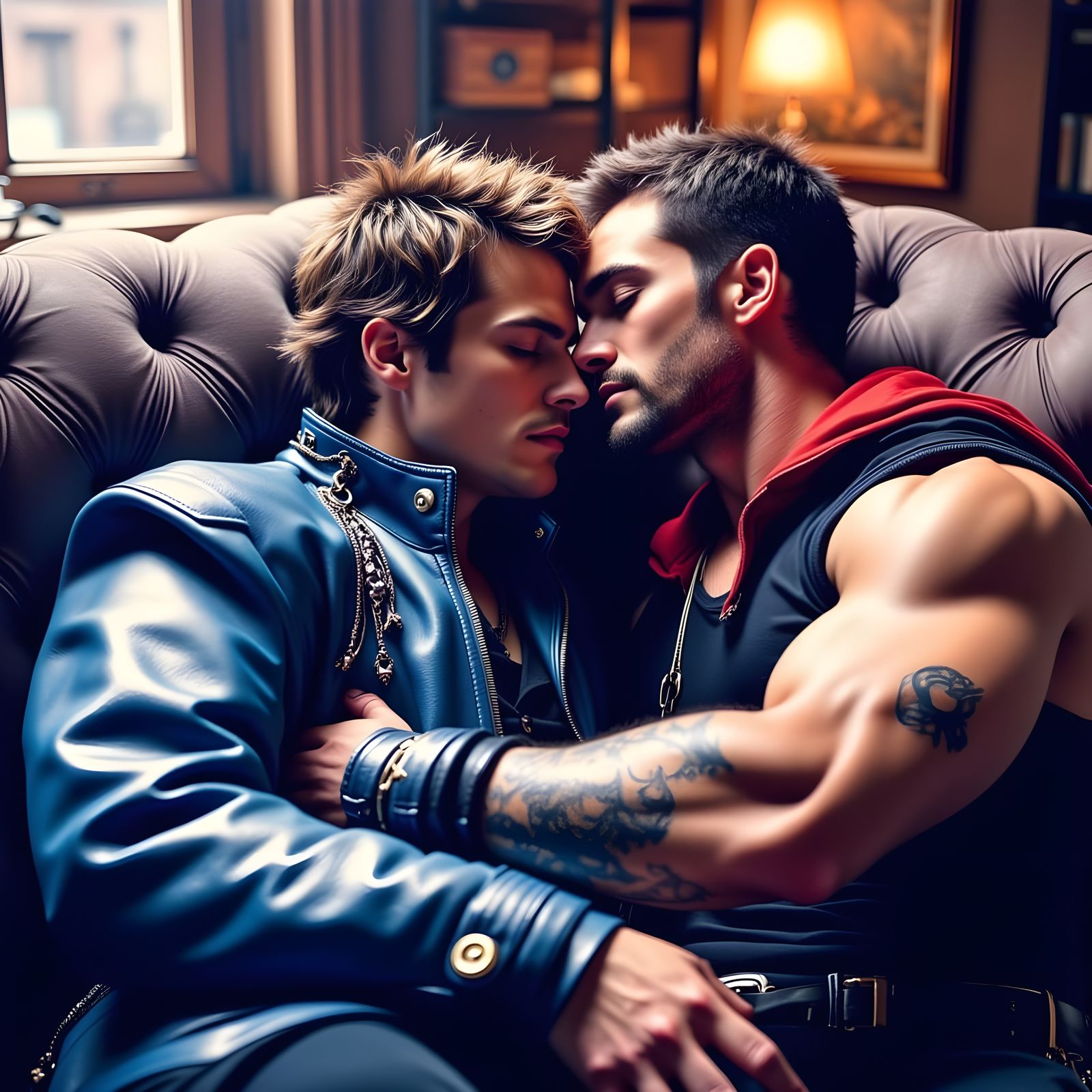 Two Men Embracing on a Couch in Photorealistic Style