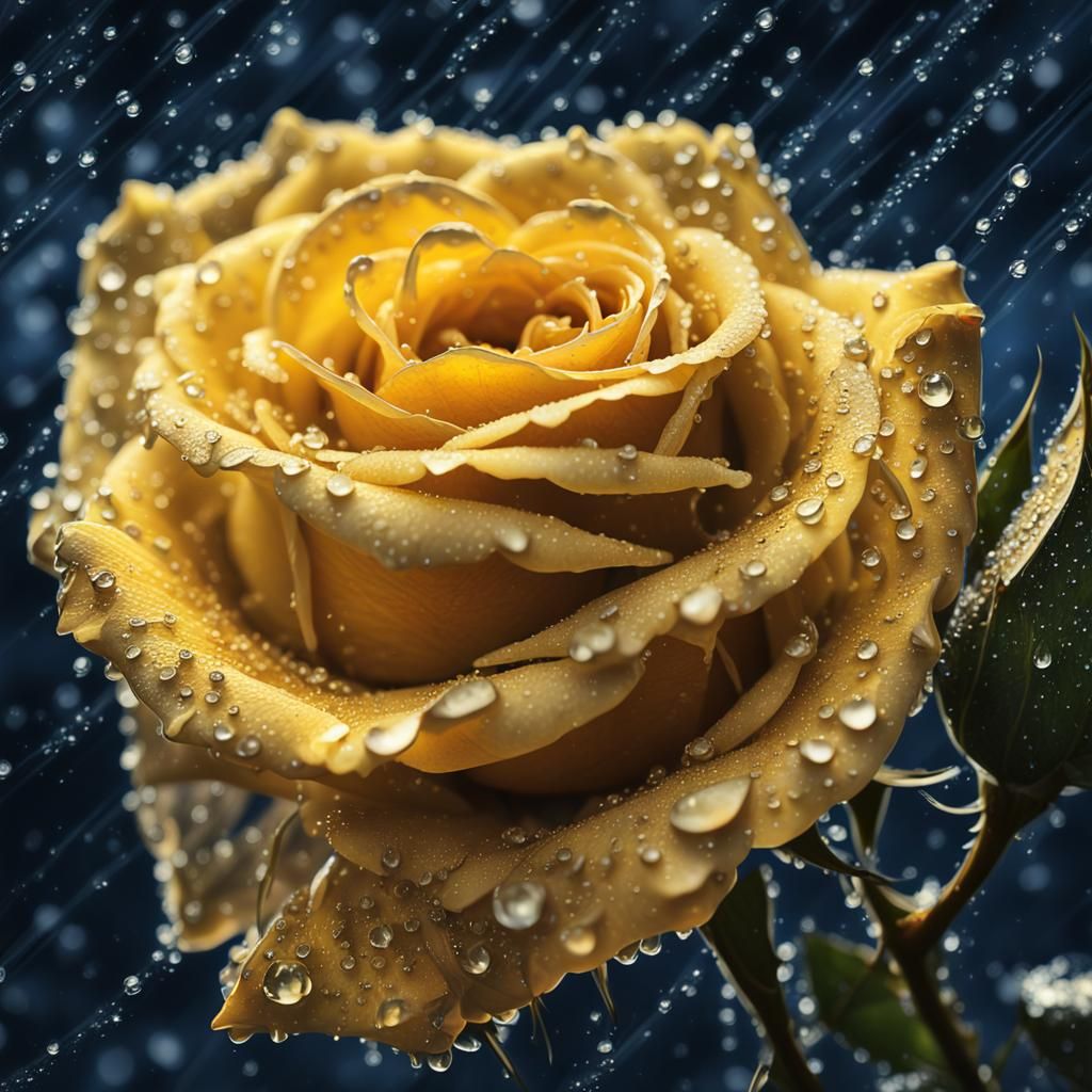 Perfect Yellow Rose with Dew Drops in Macro