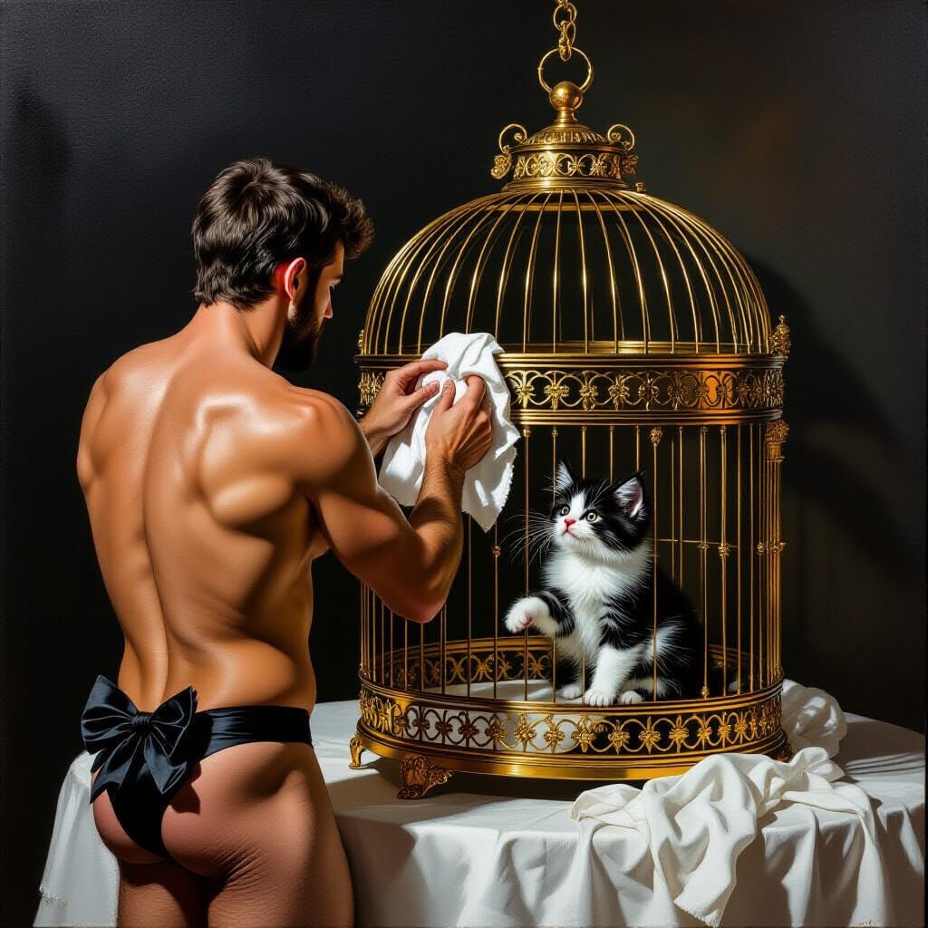 Surreal Oil Painting of Man Cleaning Ornate Birdcage with Ki...