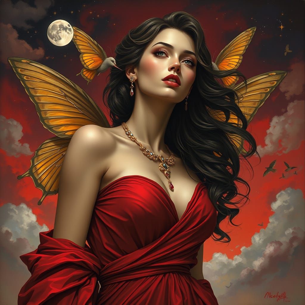 Stunning Woman With Golden Butterfly Wings in Red Skirt