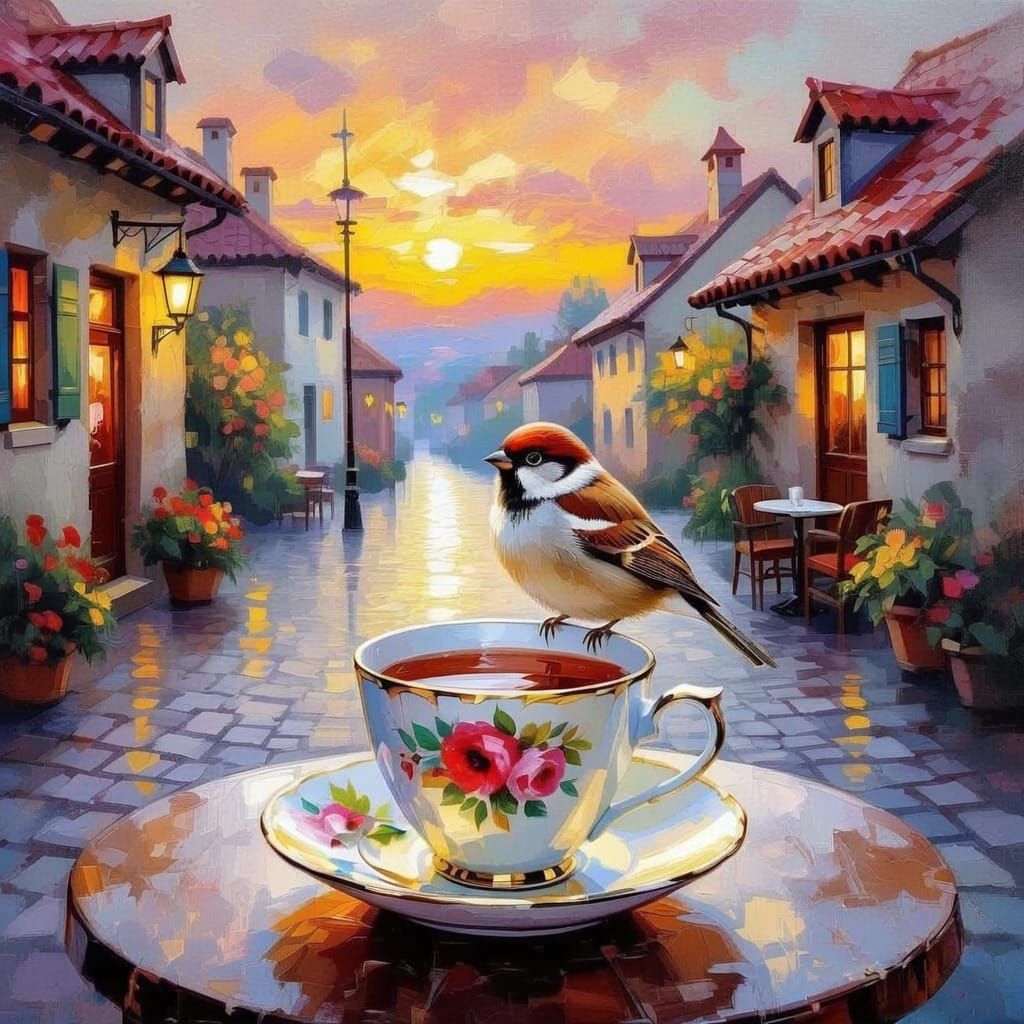 Sparrow on Teacup at Sunset Cafe