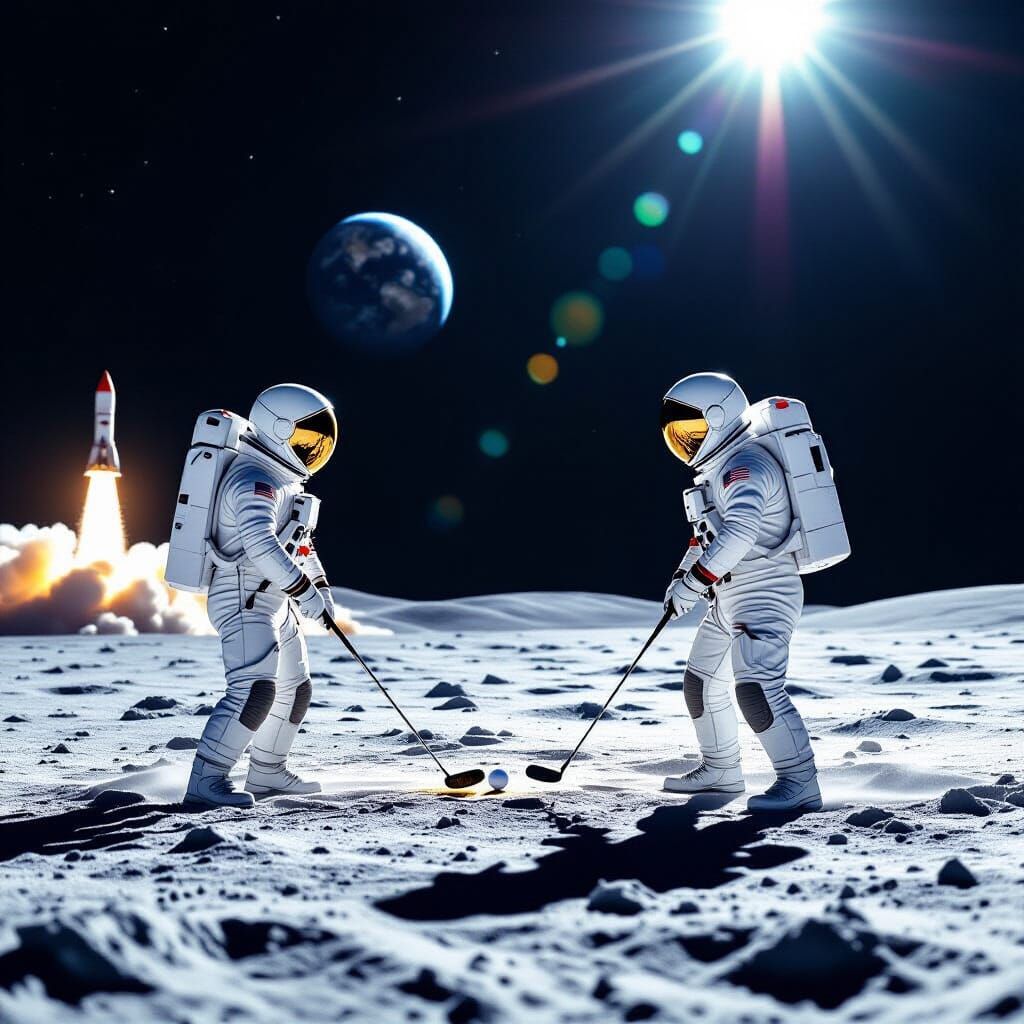 Astronauts Golfing on the Moon Under Earthlight