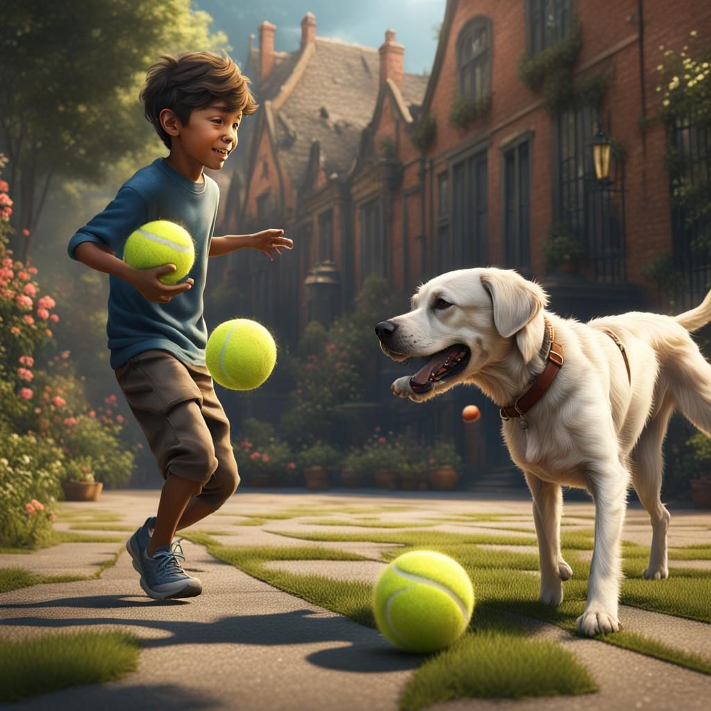 Boy and Dog Fetching, Detailed Fantasy Art