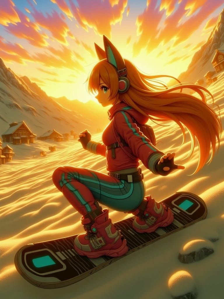 Anime Kitsune Snowboarding at Sunset in Ghibli Style