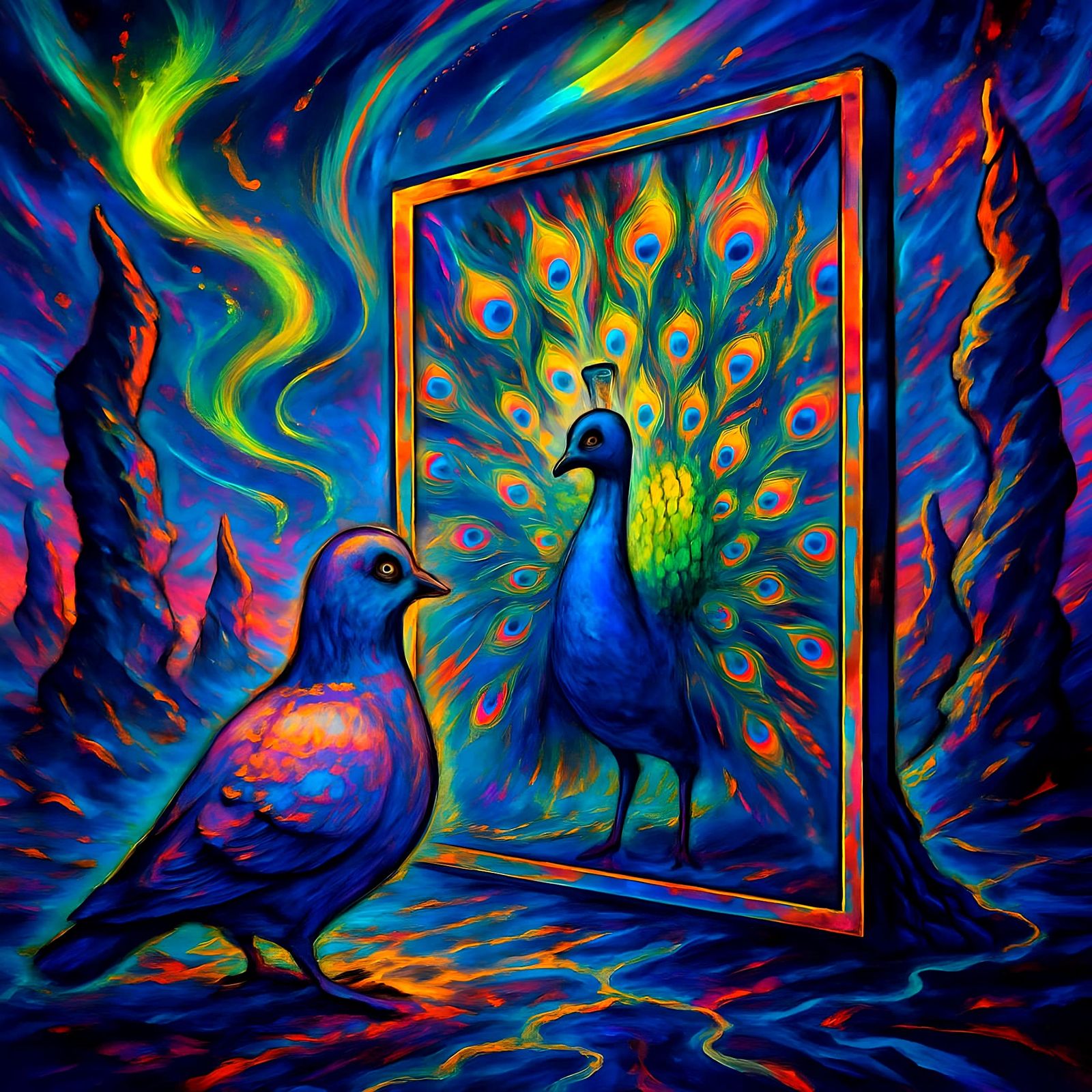 Pigeon and Peacock Mirror Image in Graffiti Art Style