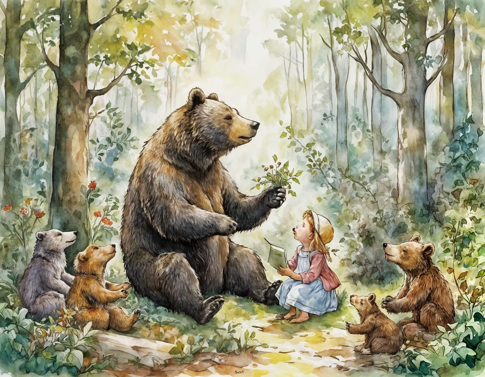 Enchanted Forest Storytelling Scene with Mother Bear