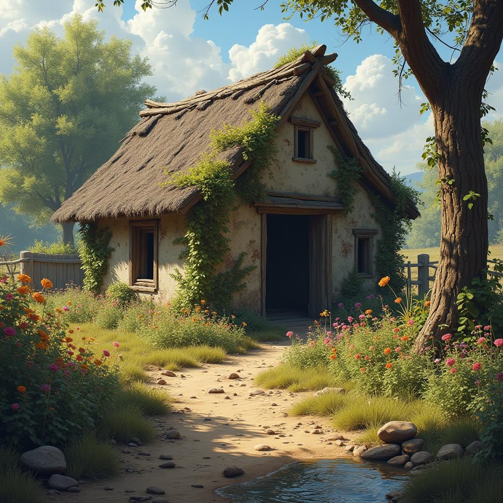 Hut Between Wasteland and Garden, Matte Painting Style