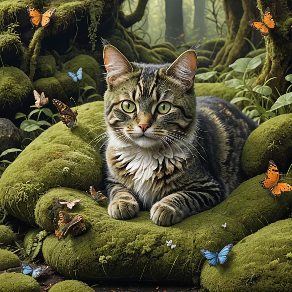 Mossy Cat with Butterfly