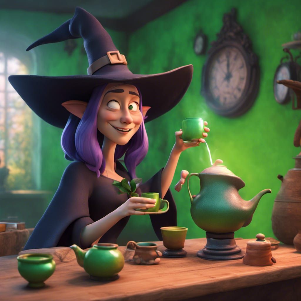 Pixar-Style Witch Brewing Potion in Teacup