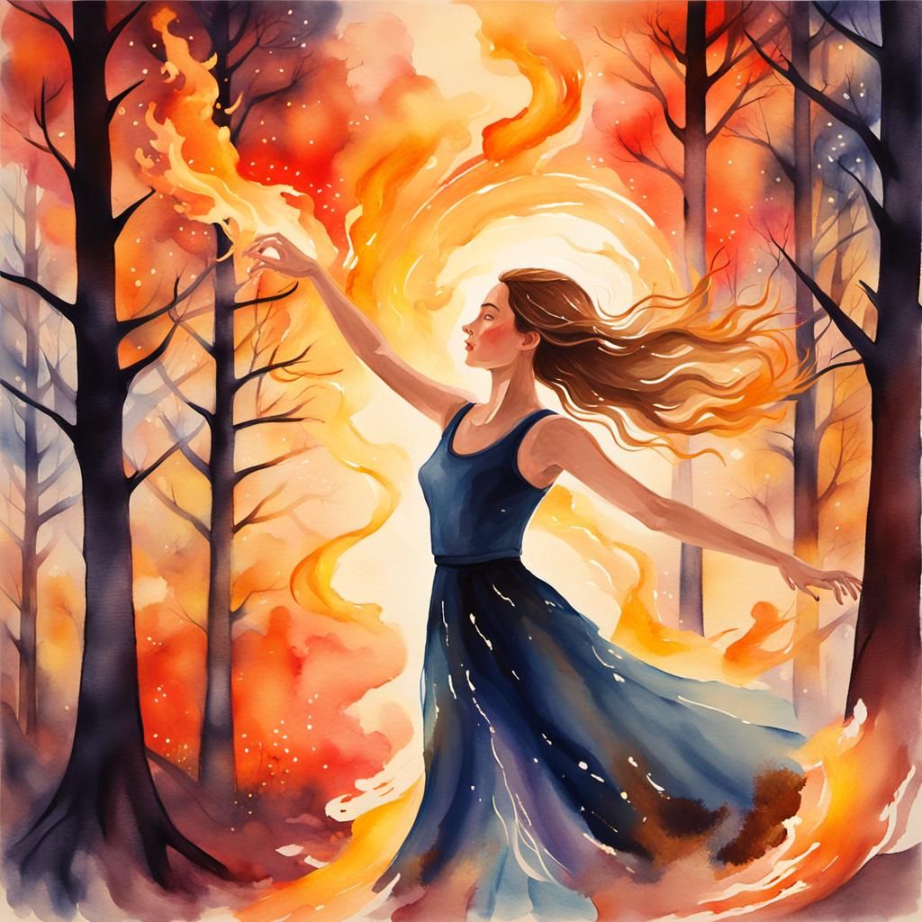Woman Dancing in Firelight: Impressionistic Watercolor