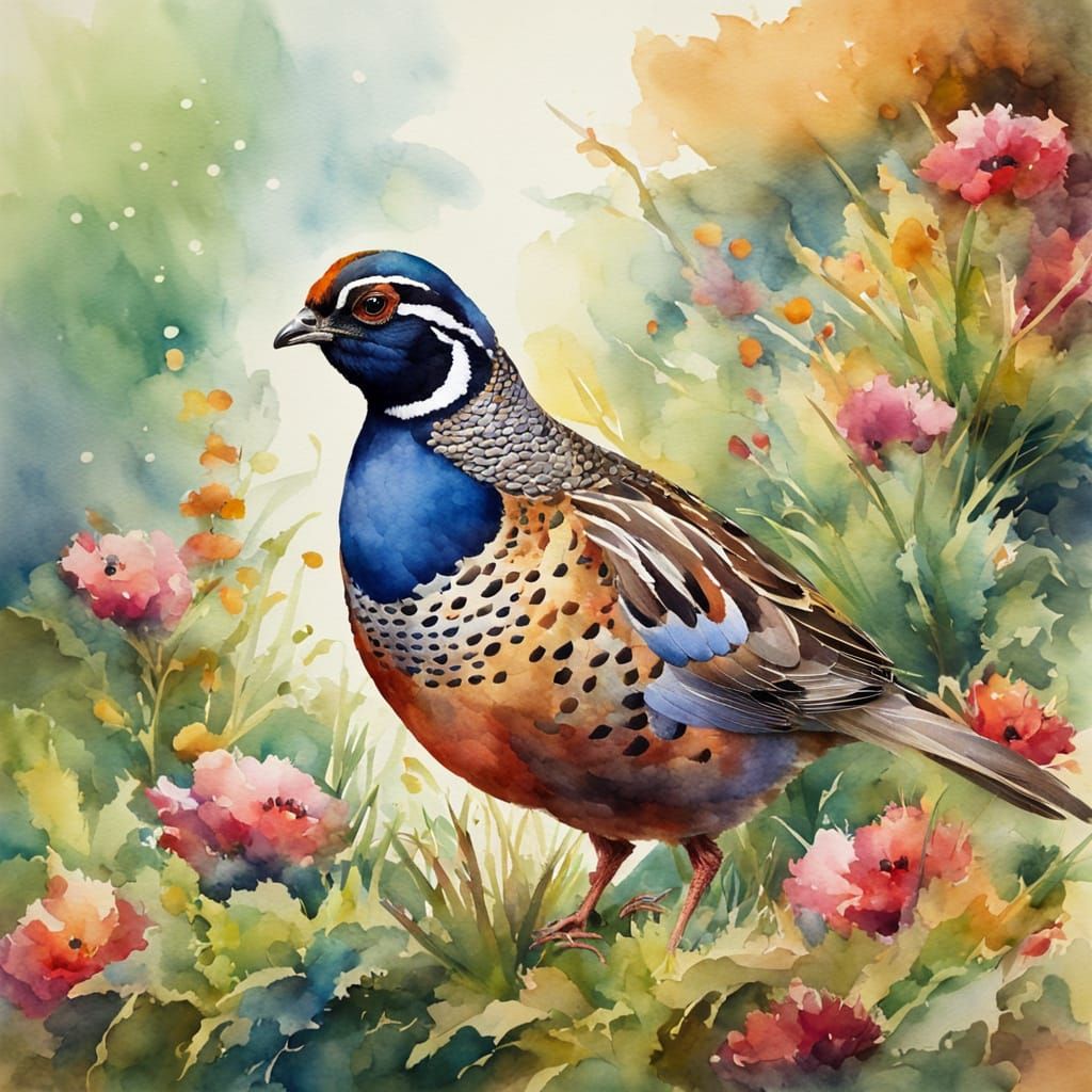 Watercolor Quail in Vibrant Colors
