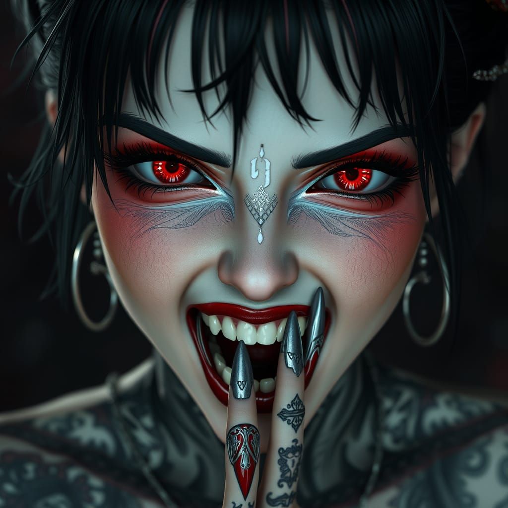 Ethereal Vampire Girl with Dark Fantasy Tattoos and Razor-Sh...