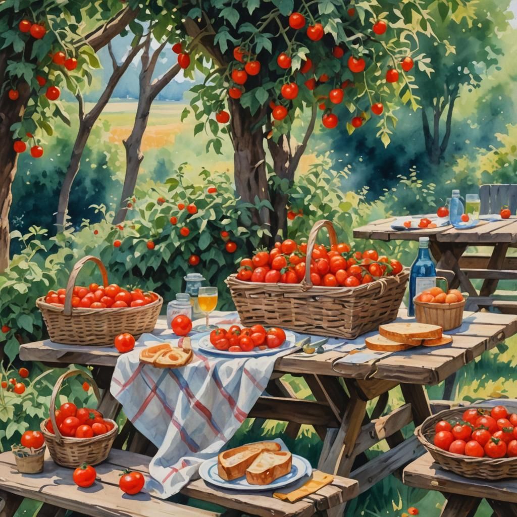 Impressionist Picnic Table Still Life in Gouache and Waterco...