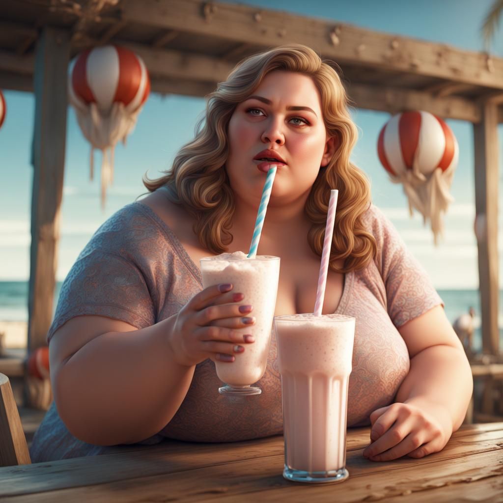 Woman with Milkshake on Beach: Detailed Matte Painting