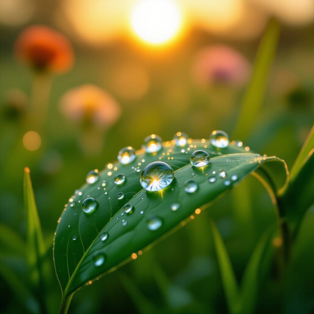 Dewdrops Reflect Sunrise on Leaf in Impressionistic Style