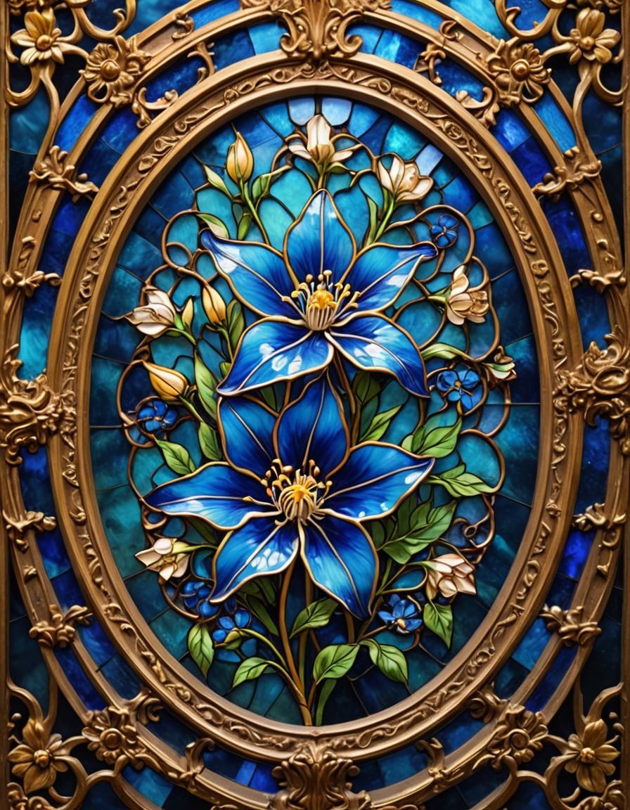 Stained Glass Columbine in Ornate Baroque Frame