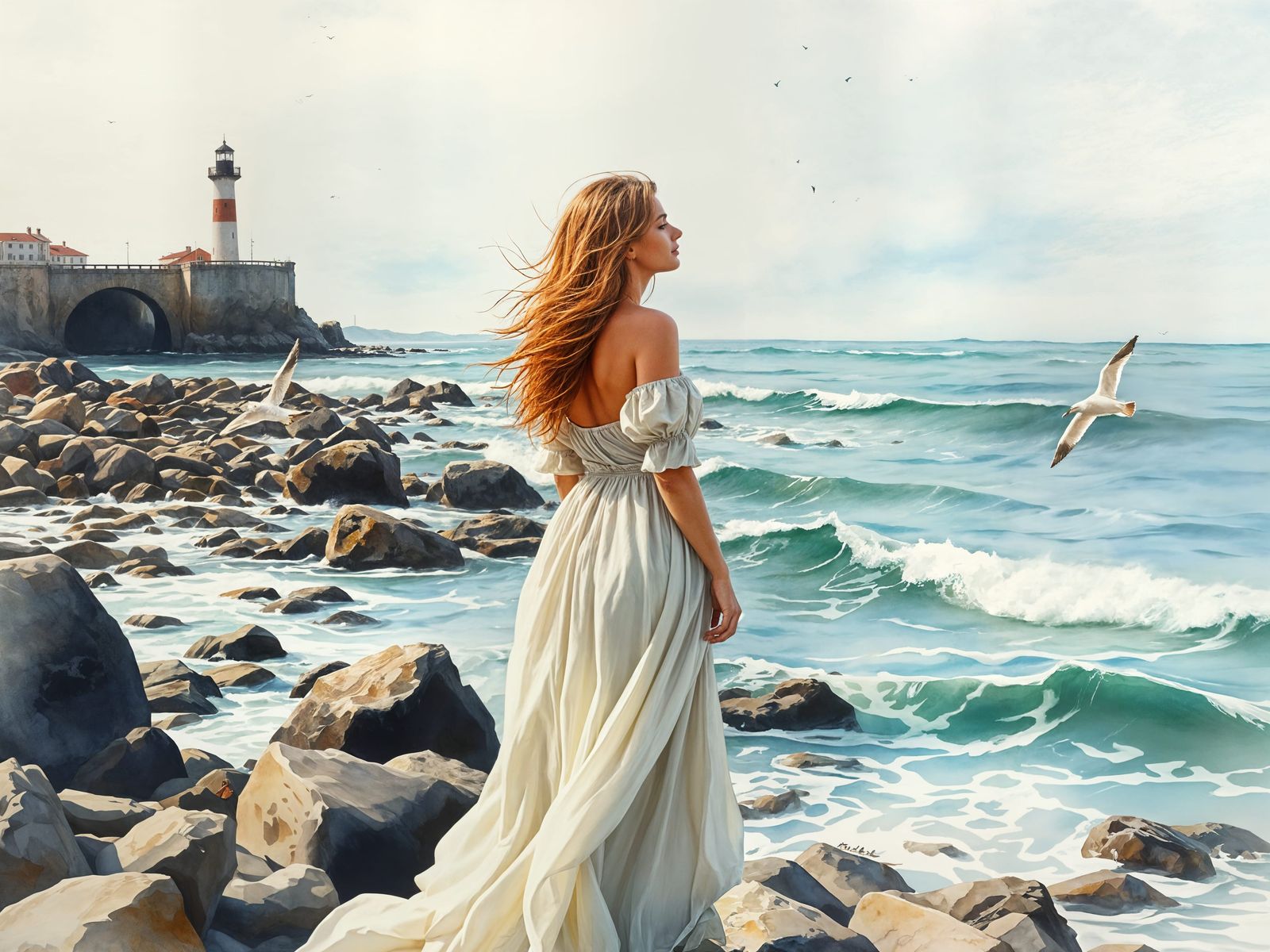 Woman in Windy Seascape with Distant Lighthouse