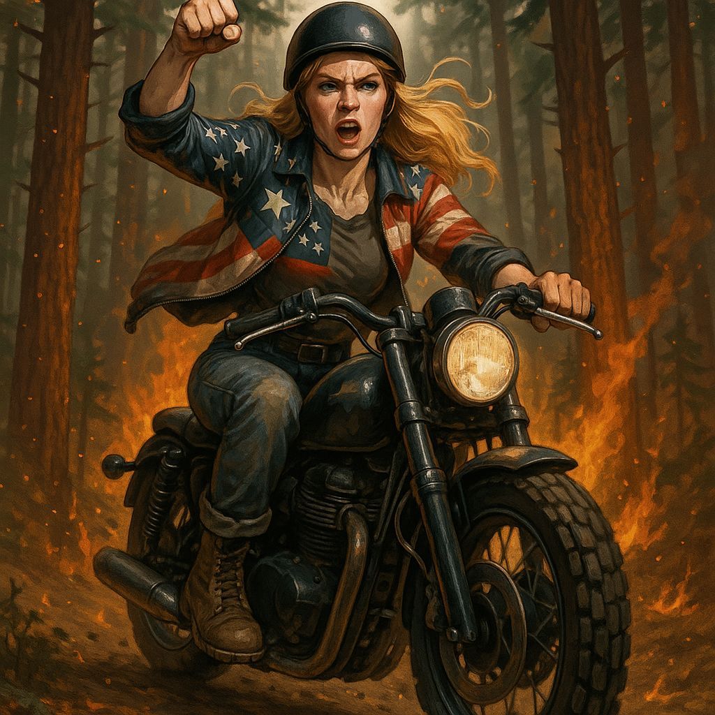 Woman in Patriotic Gear Rides Motorcycle Through Forest