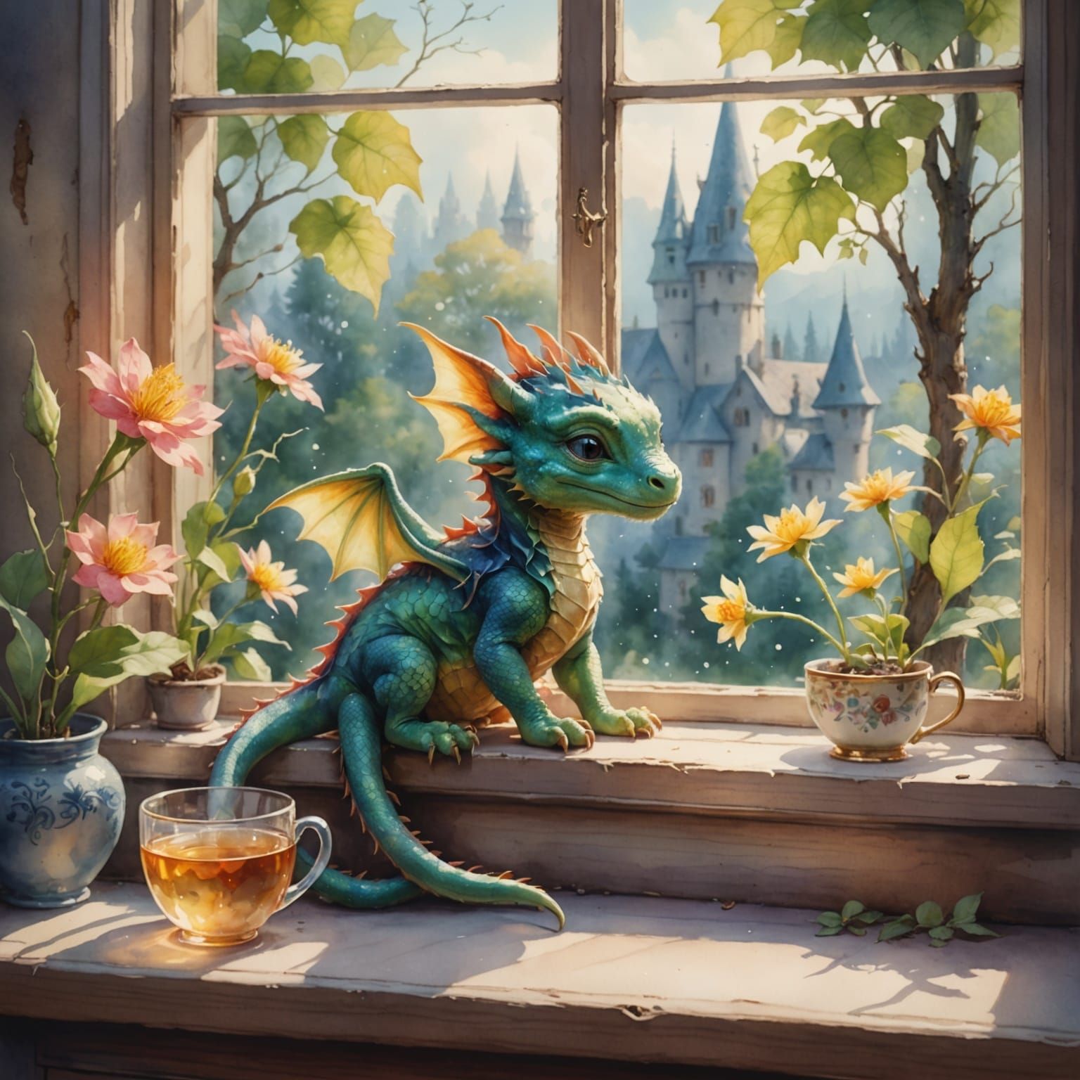 Watercolor Baby Dragon with Fairy in Sunlight