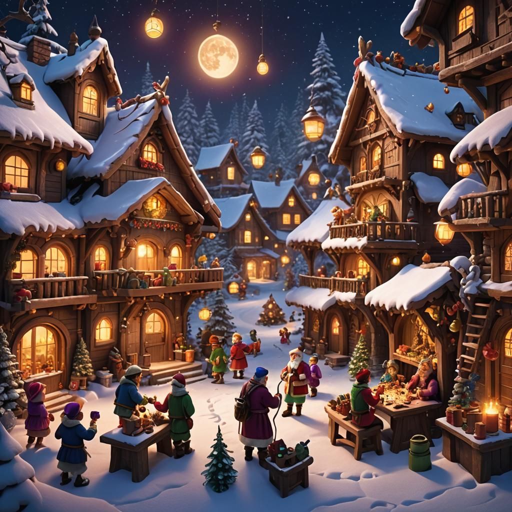 Santa's Workshop: Elves Building Toys at Night
