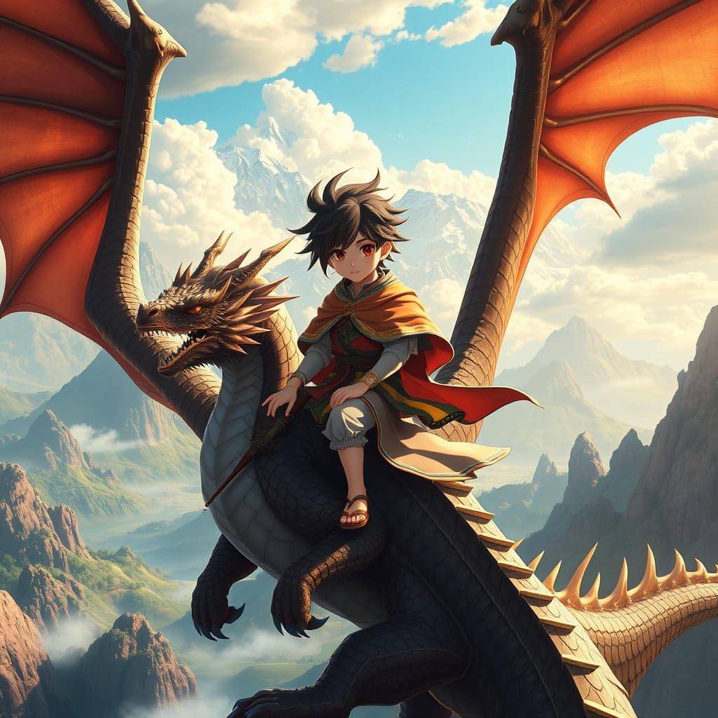 Young Anime Boy Rides Majestic Dragon Through Fantasy Landsc...