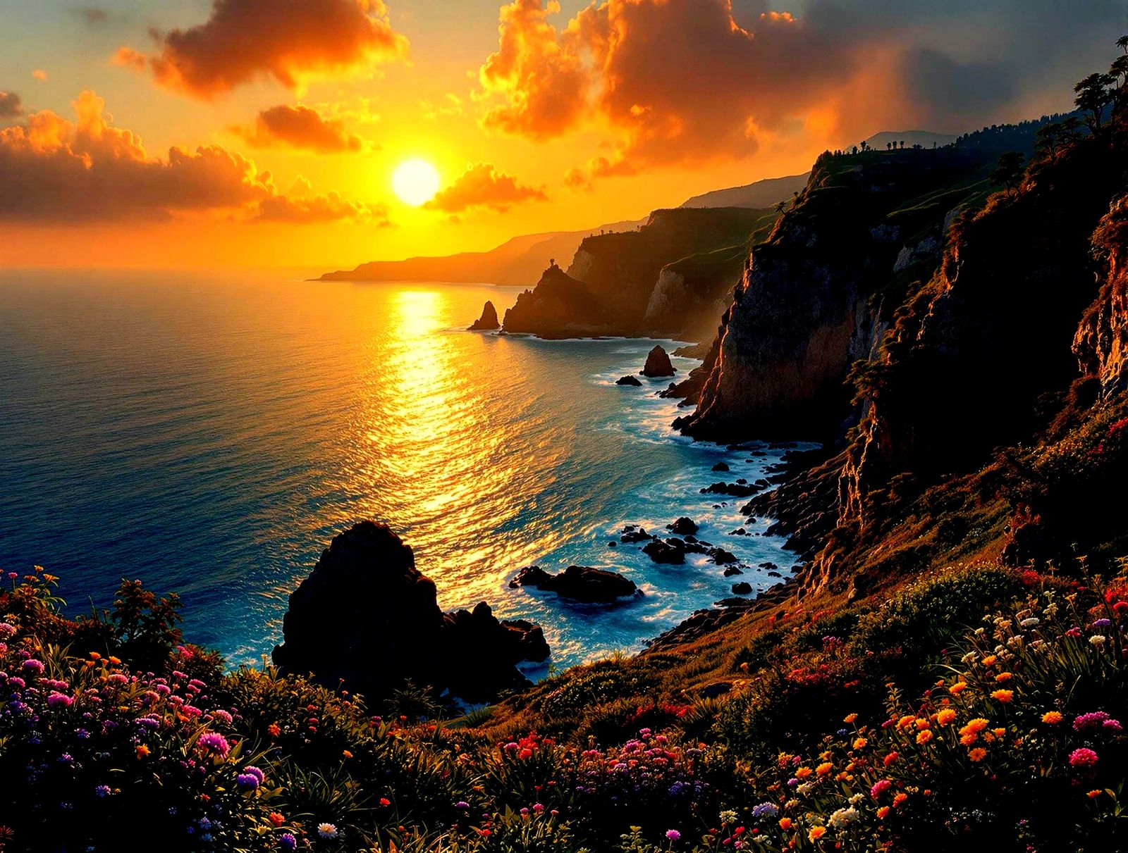 Hyperdetailed Panoramic Sunset on Dramatic Cliffs