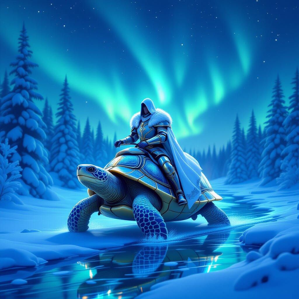 Knight Rides Bioluminescent Turtle Through Winter Wonderland