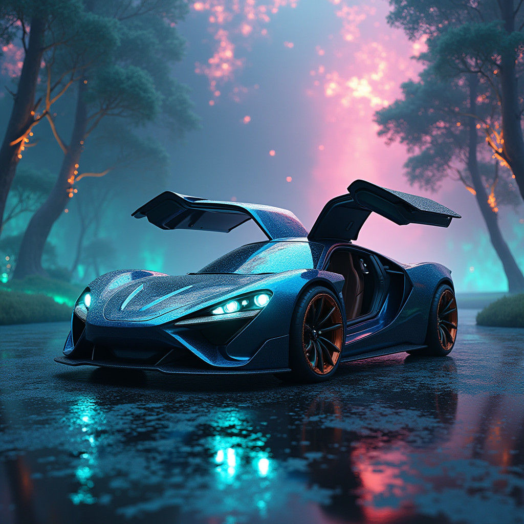 Futuristic Sports Car in Dreamlike Landscape