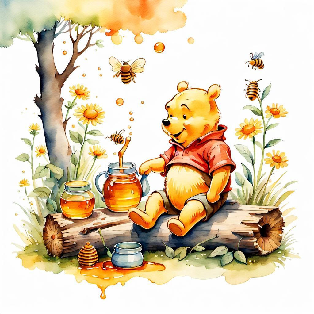 Winnie the Pooh and Honey: Watercolor Illustration