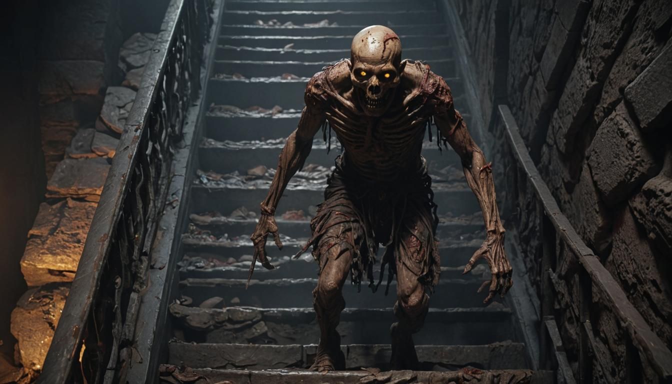 A detailed look at the wounded man walking down the stairs t...