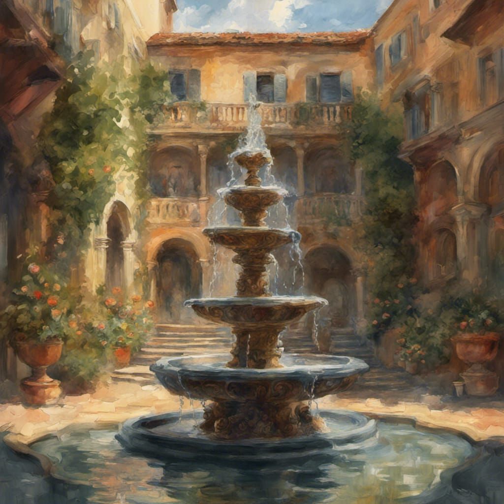 Courtyard Fountain: Epic Gouache Impressionist Masterpiece