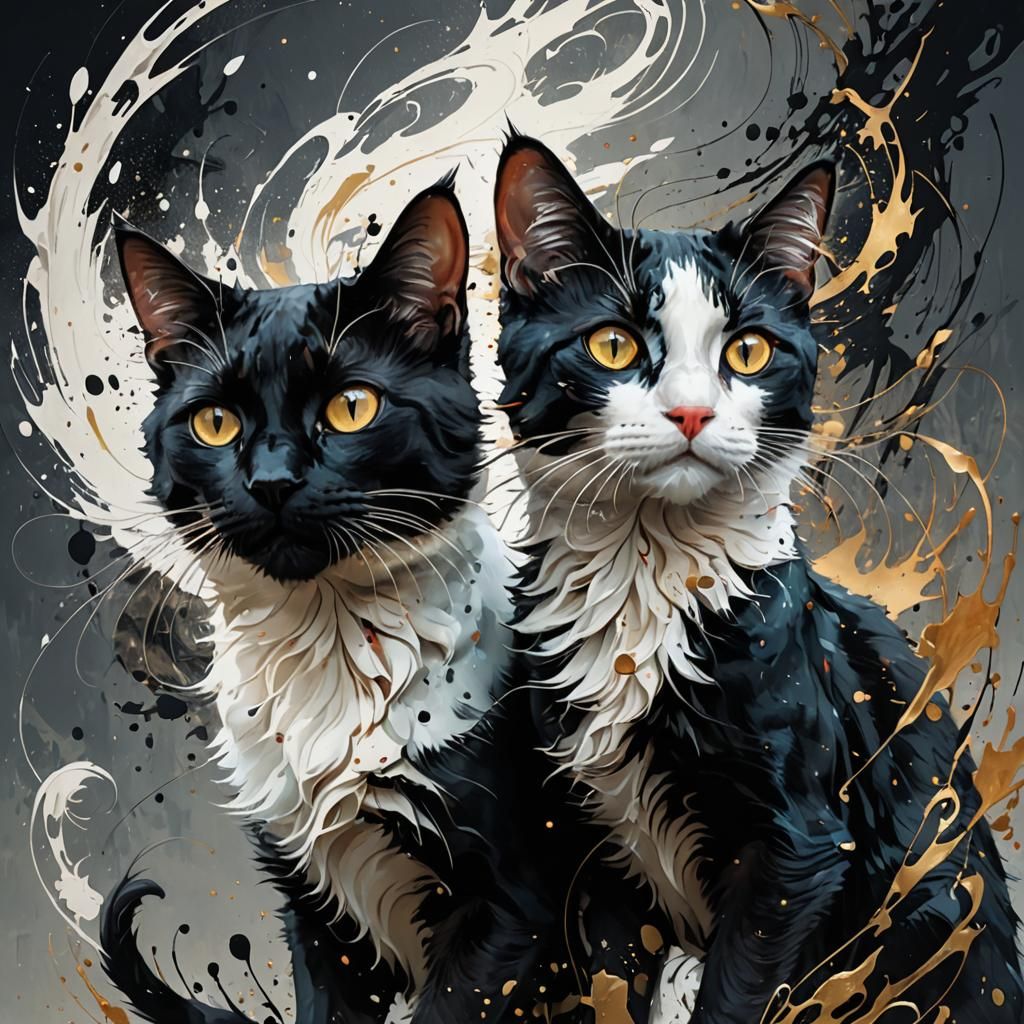 Mysterious Two-Tone Cat Halves in Speedpaint Style