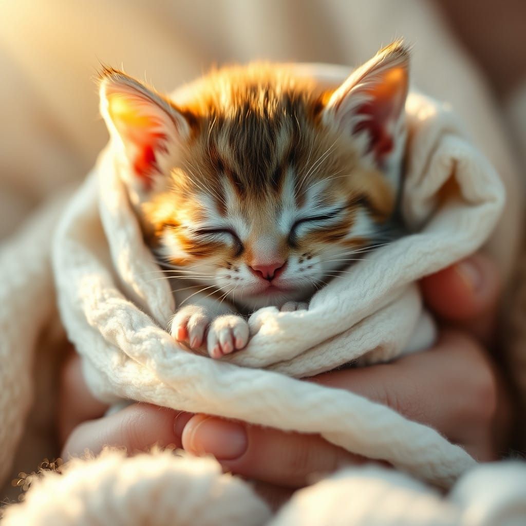 Delicate Newborn Kitten in Soft Golden Light
