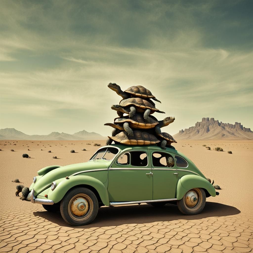 Surreal Car with Turtles in Desert Landscape