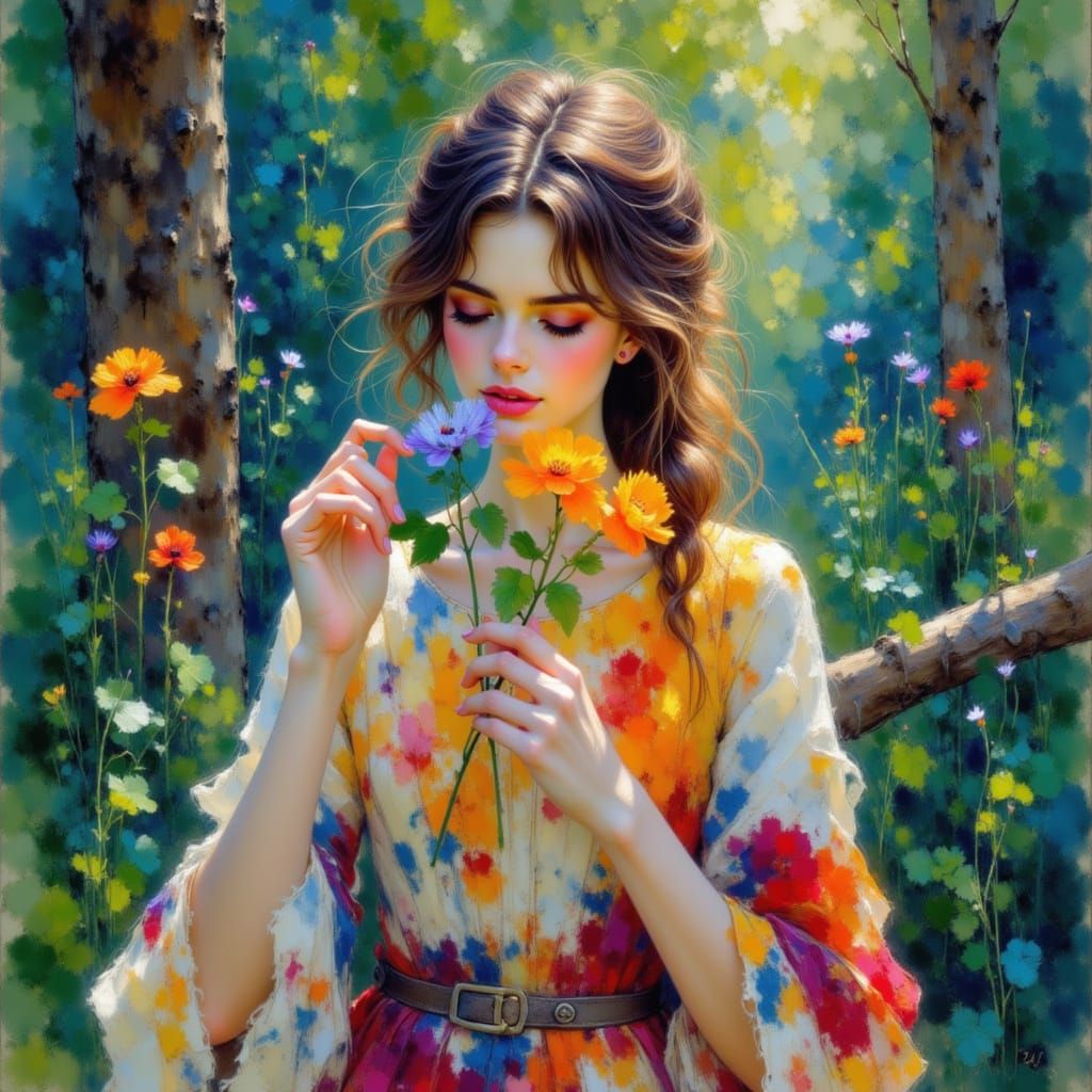 Impressionist Lady with Flower in Cool Forest